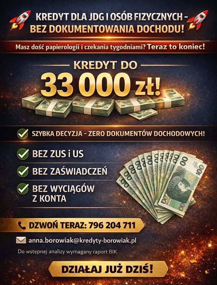 KREDYT DLA JDG I OSÓB FIZYCZNYCH BEZ DOKUMENTOWANIA DOCHODU! Gdynia - Zdjęcie 1